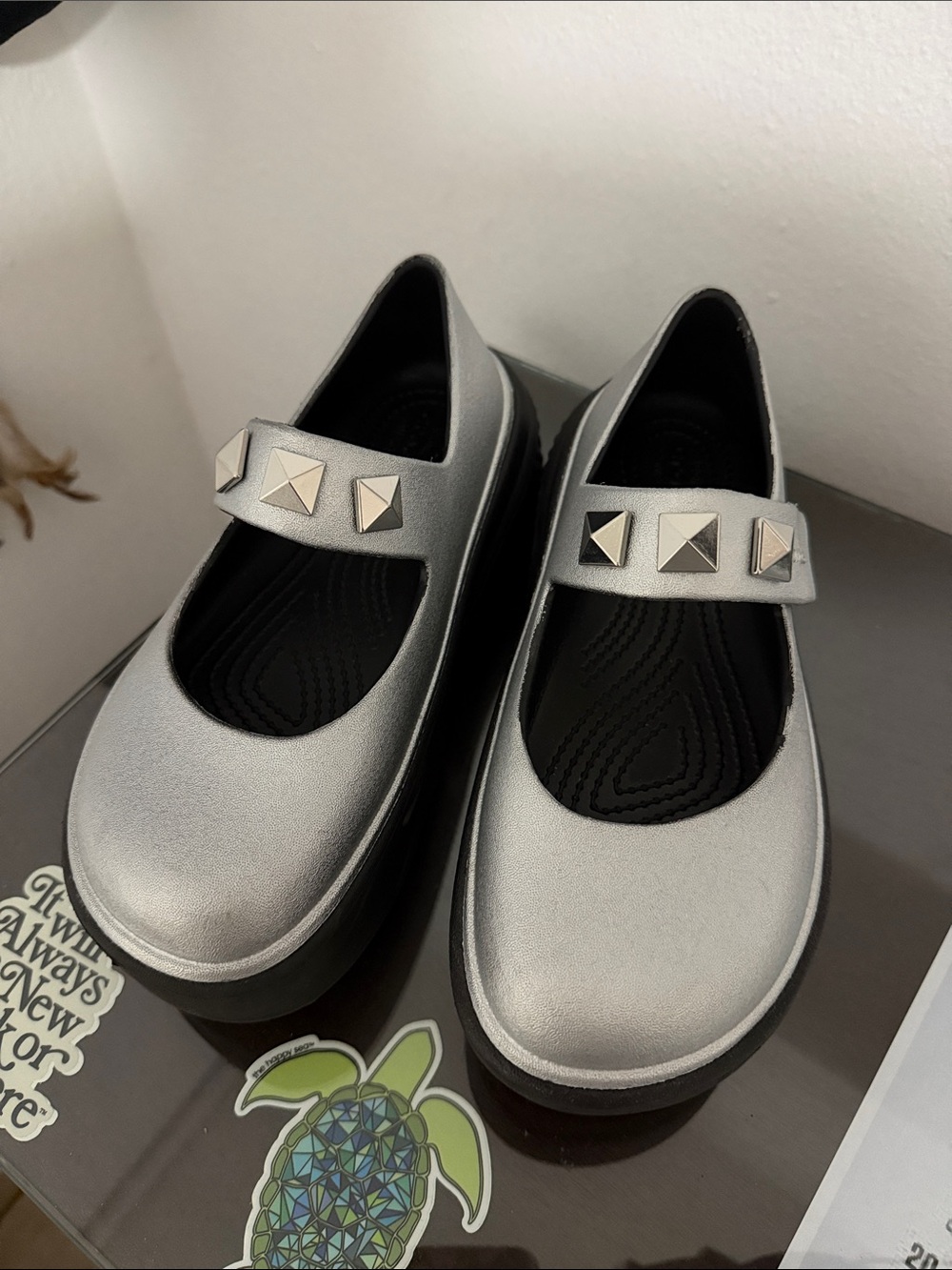 CROCS Silver Mary Jane Flats with Pyramid Studs